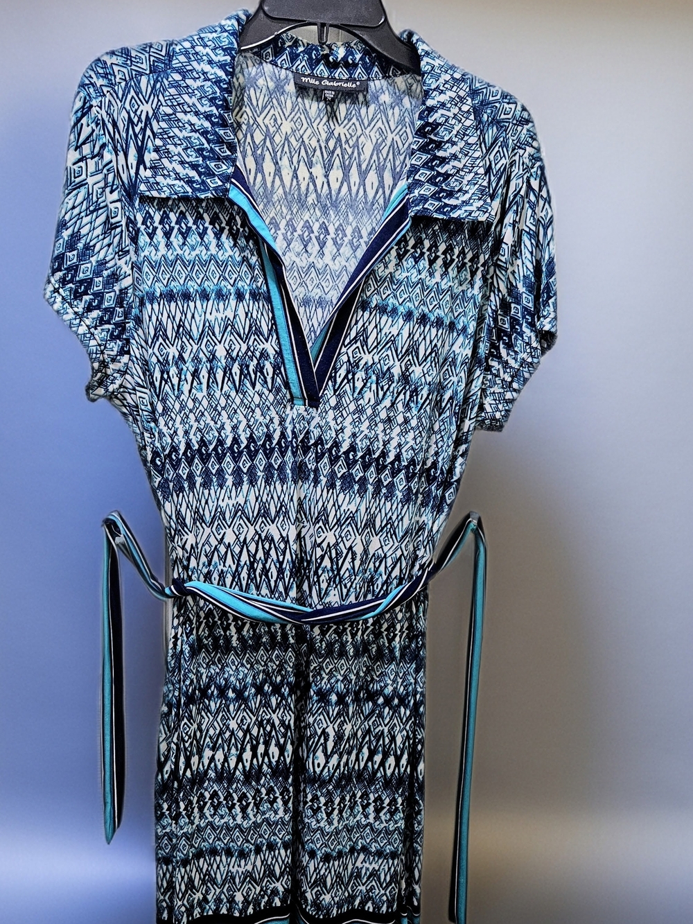 Blue Patterned Collared Midi Dress with Belt